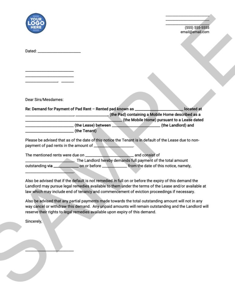 Demand Payment of Pad Rent Example Document